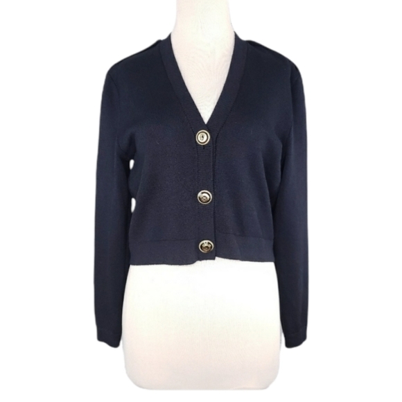 St. John black cropped Button Fronr sweater Size P (0 OR 2) - Picture 2 of 8